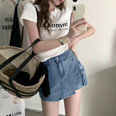 批发美式辣妹牛仔高腰短裙女<b class='q'>春</b>夏季复古做旧显瘦不规则A字裙半身裙裤