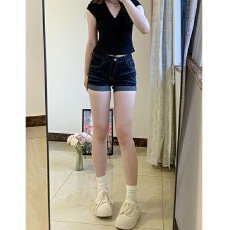 批发欧美辣妹翻边深蓝色牛仔超短裤女夏季新款显瘦高腰休闲直筒热裤潮