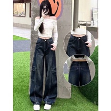 批发美式阔腿工装牛仔裤女春秋<b class='q'>大码</b>宽松设计感小众高腰显瘦高街拖地裤