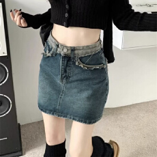 批发复古毛边口袋设计感牛仔短裙夏季新款高腰显瘦<b class='q'>包臀</b>a字牛仔短裙女