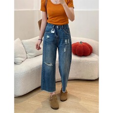 批发夏季九分牛仔裤破洞设计流苏裤脚牛仔裤<b class='q'>女</b>直筒毛边阔腿裤子小个子