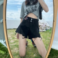 批发磨破裤脚小众设计感毛边牛仔短裤<b class='q'>女</b>夏季外穿高腰a字显瘦遮肚热裤
