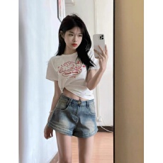 批发日韩复古夏季美式辣妹做旧<b class='q'>牛仔</b>裤女包臀a字超短热裤紧身<b class='q'>高腰</b>显瘦
