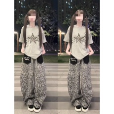 批发美式豹纹复古牛仔裤女夏季薄款宽松新品炸街中性风阔腿弯刀长裤子