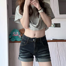 批发美式复古辣妹<b class='q'>牛仔</b><b class='q'>短裤</b><b class='q'>女</b>夏季新款小个子低腰弹力卷边显瘦直筒热裤