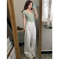 批发阔腿<b class='q'>白色</b><b class='q'>牛仔裤</b>女美式显高小个子秋季新款宽松显瘦直筒垂感拖地裤