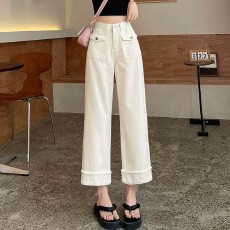 批发个性气质杏色阔腿<b class='q'>牛仔裤</b>女2026秋新款高腰显瘦休闲口袋九分直筒裤
