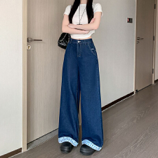 特价！格子拼接牛仔裤女秋季款设计感蝴蝶结高腰宽松显瘦阔腿长裤