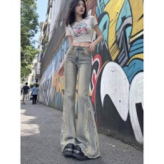 批发美式毛边高腰马蹄裤复古微喇牛仔裤女<b class='q'>春</b>季2026年新款喇叭裤子<b class='q'>春</b>秋