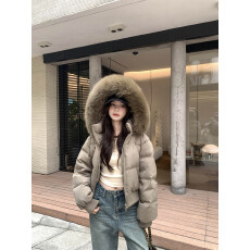 批发成品现货 收腰短款肯豆<b class='q'>羽绒服</b>女白鸭绒加厚小个子大毛领冬季外套