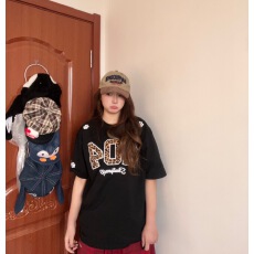 批发现货纯棉220克食毛+手感原版做法二本针+刺绣内里铺布宽松短袖潮