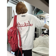 批发现货纯棉220克食毛+手感原版做法二本针+刺绣内里铺布宽松短袖潮