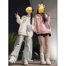 批发成品现货 原版做法 纯棉华棉320克布面+手感猫咪绣花假两件外套潮