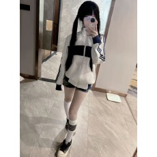 批发成品现货 320克纯棉华棉复合布面+手感（三条杠+贴布）卫衣外套女