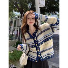 批发轻熟风女装复古高级感撞色条纹毛衣慵懒时尚<b class='q'>街头</b>百搭长袖针织衫秋