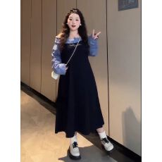 批发大码胖mm女装学院风假两件一字肩连衣裙<b class='q'>春</b>季显瘦设计感小众裙子潮