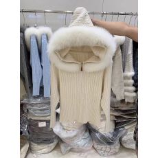 批发2025秋冬新款真狐狸毛领针织毛衣连帽开衫皮草外套女短款修身