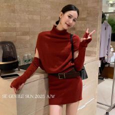 批发法式设计感袖套针织衫连衣裙女2025秋季高级感时尚显瘦气质中长裙