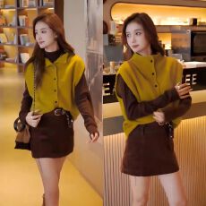 批发黄色坎肩无袖背心马甲女2025新款爆款秋季叠穿巨好看的厚针织上衣