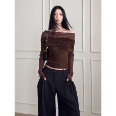 批发纯欲辣妹一字肩拼接长袖女秋季复古褶皱网纱T恤修身显瘦露肩上衣