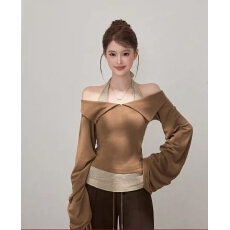 批发大码胖MM美式复古阔袖T恤女早秋新款挂脖内搭设计感叠穿上衣套装