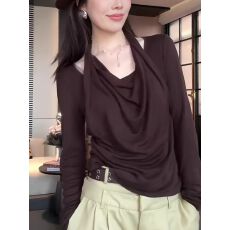 批发大码美式辣妹挂脖假两件长袖t恤女早秋气质胖mm收腰显瘦露肩上衣