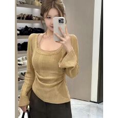 批发U领假两件喇叭袖针织衫女秋季气质设计感修身正肩长袖上衣