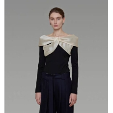 批发秋季设计感拼接一字领蝴蝶结针织衫气质高级感上衣