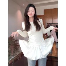 批发大码女装秋冬季新款圆领长袖中长款芭蕾风花边拼接设计感内搭上衣