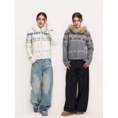 批发美式复古费尔岛毛衣连帽毛领外套秋冬宽松<b class='q'>情侣</b><b class='q'>上衣</b>针织衫