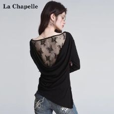 批发设计感露背蕾丝拼接长袖t恤女2025秋季新款荡领修身显瘦大码上衣