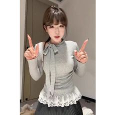 批发大码胖mm高级感蝴蝶结系带长袖t恤女<b class='q'>秋</b>冬新款修身显瘦芭蕾风上衣