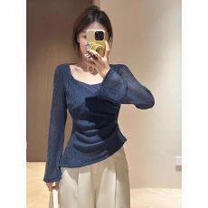 批发大码设计感V领不规则长袖针织衫女早秋收腰巨显瘦超好看内搭上衣