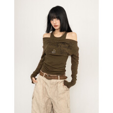 批发大码假两件挂脖长袖T恤女秋季胖mm显瘦甜辣妹字母印花露肩上衣ins