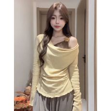 批发大码胖mm时尚百搭日常通勤纯欲风露肩蕾丝拼接假两件长袖T恤上衣