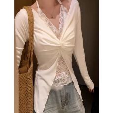 批发大码纯欲风v领白色蕾丝挂脖上衣2025秋季胖mm修身显瘦内搭打底衫