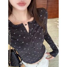 批发大码胖mm韩系慵懒风碎花磨毛亨利领长袖针织衫女秋季内搭打底上衣