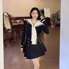 批发大码早秋减龄一整套穿搭女超火海军领长袖上衣短款半身裙两件套装