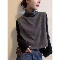 批发针织马甲叠穿长袖极简风针织衫女欧货显瘦高领背心上衣叠穿两件套