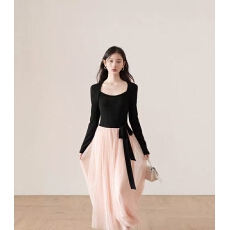 批发法式芭蕾风撞色连衣裙女<b class='q'>秋</b>冬古早千金高级感收腰气质网纱拼接长裙