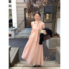 批发微胖mm韩系温柔风粉色长袖连衣裙女<b class='q'>秋</b>蝴蝶结收腰显瘦气质长裙