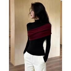 批发大码洋气不规则打底衫女秋季半高领套头撞色拼接胖MM内搭上衣