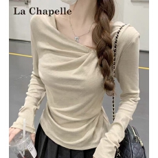 批发纯欲一字领露肩长袖t恤女2025<b class='q'>春</b>秋季斜角肩褶皱紧身内搭打底上衣