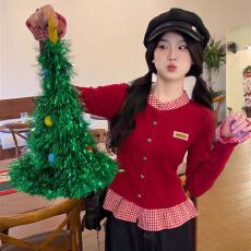 批发红色格子针织打底衫女秋<b class='q'>冬</b>新年长袖小个子百搭甜美修身短款上衣女