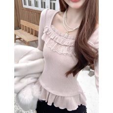 批发甜美富家千金蕾丝花边拼接打底衫女秋<b class='q'>冬</b>修身显瘦粉色内搭针织上衣