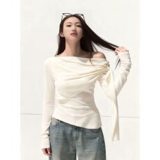 批发不对称围裹式荡领长袖t恤女<b class='q'>秋</b>季静酷风设计感打底衫褶皱百搭上衣