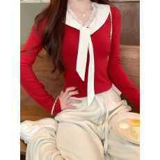 批发法式蝴蝶结系带红色长袖t恤女<b class='q'>秋</b>设计感v领披肩蕾丝打底衫内搭上衣