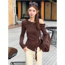 批发木耳边斜肩长袖t恤女2025秋季新款不规则飘带收腰漂亮超好看上衣