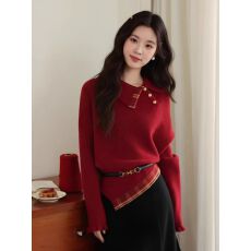 批发圣诞红色翻领毛衣女秋冬穿搭不规则针织衫宽松显瘦氛围感保暖上衣