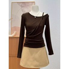 批发设计感咖色假两件露肩长袖T恤女装秋季2025新款大码胖mm打底上衣